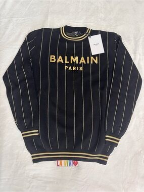 Balmain Black Crewneck Sweater with Gold Pinstripes